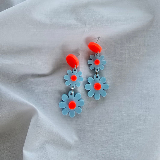 Wildflower Dangle Earrings - Blue & neon Orange