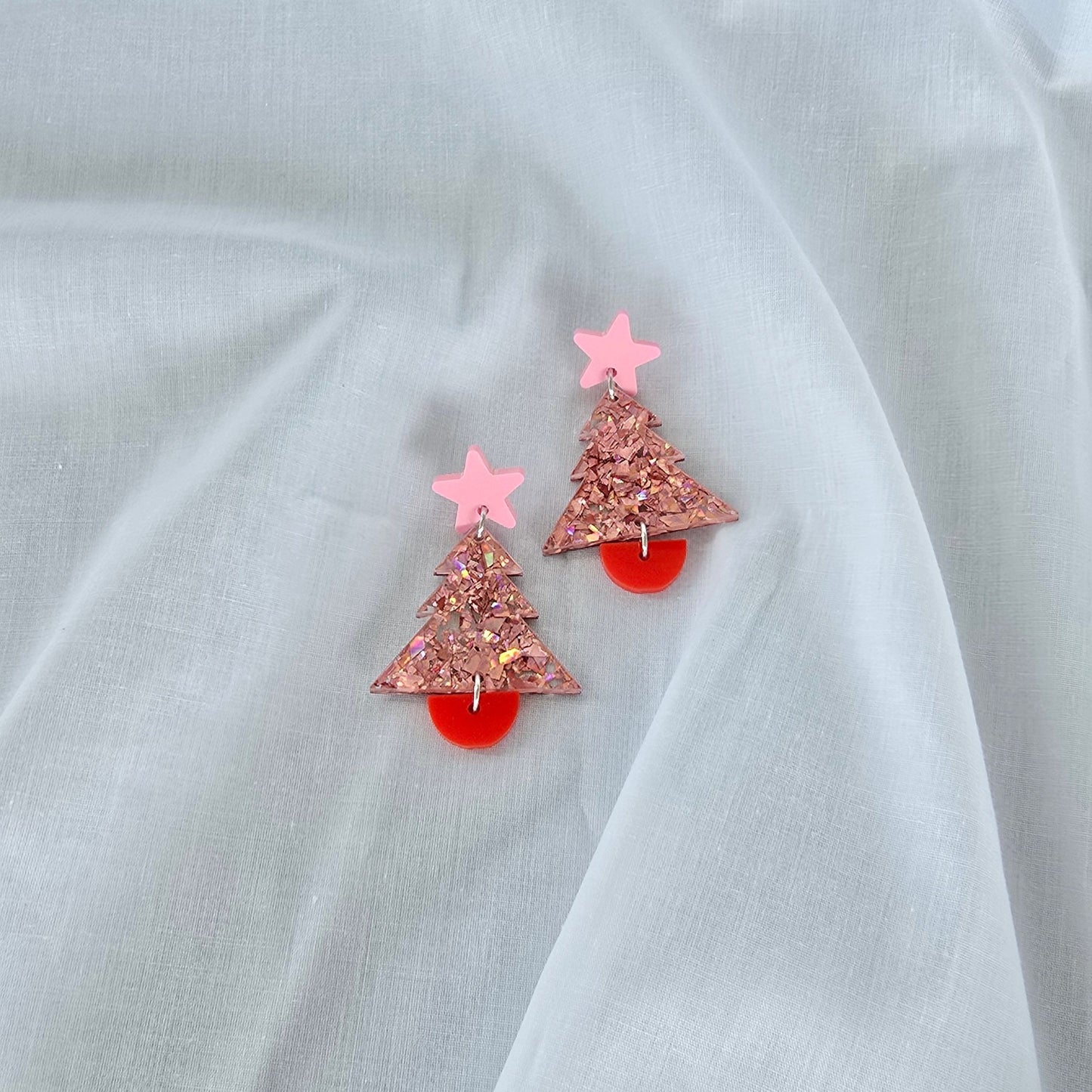 Christmas Tree Dangle Earrings - Pink & Red